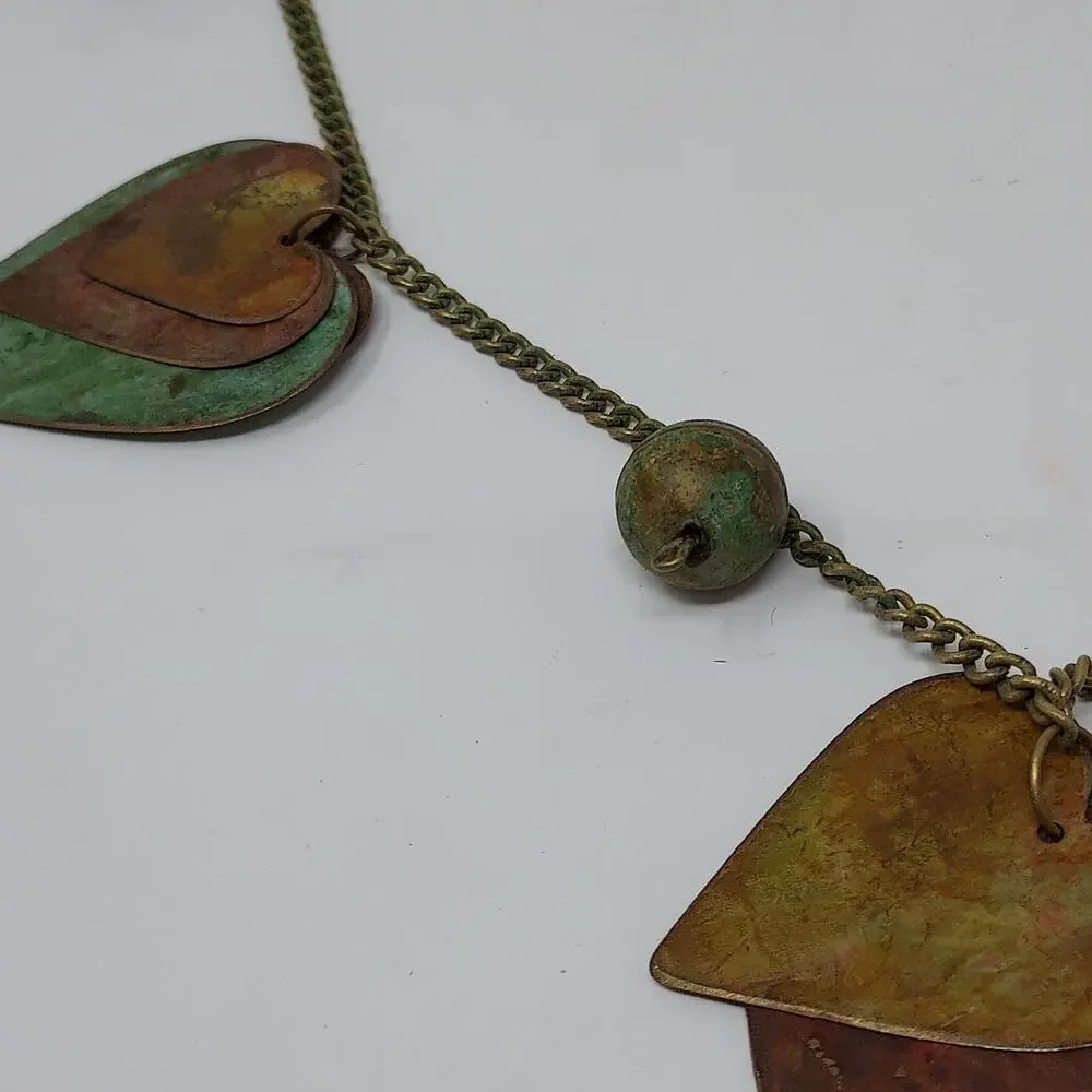 Vintage Artisan Copper Brass Verdigris Heart Ball Necklace Large Statement Piece